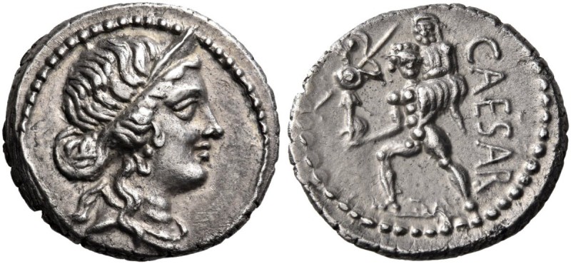 Julius Caesar. Denarius (Silver, 17 mm, 3.80 g, 6 h), military mint traveling wi...