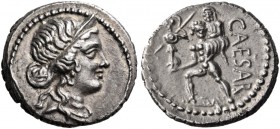 Julius Caesar. Denarius (Silver, 17 mm, 3.80 g, 6 h), military mint traveling with Caesar in North Africa, 47-46 BC. Diademed head of Venus to right. ...