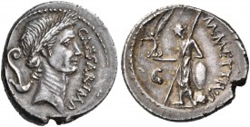 Julius Caesar, late February 44 BC. Denarius (Silver, 18 mm, 3.77 g, 2 h), Rome, struck under the magistrate M. Mettius. CAESAR IMP Laureate head of C...