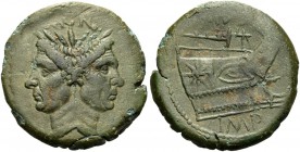 Sextus Pompey, 42-38 BC. As (Bronze, 29 mm, 12.74 g, 11 h), uncertain Sicilian mint. MAGN Laureate, Janiform head with the features of Cn. Pompeius Ma...