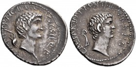 Mark Antony and Octavian, 41 BC. Denarius (Silver, 20 mm, 3.92 g, 9 h), mint moving with Antony, under the moneyer L. Gellius. M.ANT.IMP.AVG.III.VIR. ...