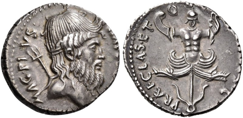 Sextus Pompey, 37-36 BC. Denarius (Silver, 19 mm, 3.72 g, 11 h), military mint i...