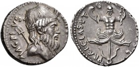 Sextus Pompey, 37-36 BC. Denarius (Silver, 19 mm, 3.72 g, 11 h), military mint in MAG.PIVS.-IMP.ITER. Diademed and bearded head of Neptune to right, t...