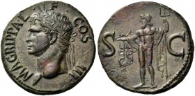 Agrippa, died AD 12. As (Copper, 27 mm, 12.64 g, 6 h), Rome, struck under Caligula, 37-41. M AGRIPPA L F COS III Head of Agrippa to left, wearing rost...