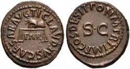 Claudius, 41-54. Quadrans (Copper, 13 mm, 4.09 g, 6 h), Rome, 25 January - 3 December 41. TI CLAVDIVS CAESAR AVG Hand left, holding scales, with PNR b...