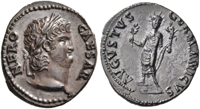 Nero, 54-68. Denarius (Silver, 19 mm, 3.33 g, 6 h), Rome, 64-65. NERO CAESAR Lau...
