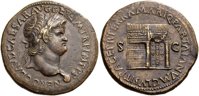 Nero, 54-68. Sestertius (Orichalcum, 36 mm, 27.25 g, 6 h), Lugdunum, 65. NERO CL...