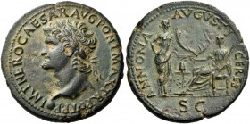 Nero, 54-68. Sestertius (Orichalcum, 36 mm, 23.38 g, 6 h), Lugdunum, c. 66. IMP NERO CAESAR AVG PONT MAX TR POT P P Laureate head of Nero to left, wit...