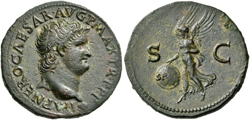Nero, AD 54-68. As (Copper, 29 mm, 10.57 g, 5 h), Lugdunum, 66. IMP NERO CAESAR ...
