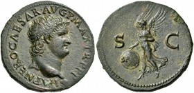 Nero, AD 54-68. As (Copper, 29 mm, 10.57 g, 5 h), Lugdunum, 66. IMP NERO CAESAR AVG P MAX TR P P P Bare head of Nero to right, globe at point of bust....