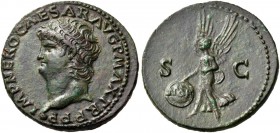 Nero, AD 54-68. As (Copper, 29 mm, 11.45 g, 6 h), Lugdunum, 66. IMP NERO CAESAR AVG P MAX TR P P P Bare head of Nero to left, globe at point of bust. ...