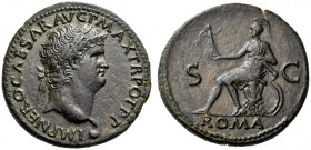 Nero, AD 54-68. Sestertius (Orichalcum, 35 mm, 25.36 g, 8 h), Lugdunum, c. 67. IMP NERO CAESAR AVG P MAX TR POT PP Laureate head of Nero to right, wit...