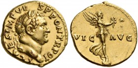 Titus, as Caesar, 69-79. Aureus (Gold, 19 mm, 7.38 g, 6 h), 72-73. T CAES IMP VESP PON TR POT Laureate head of Titus to right. Rev. VIC - AVG Victory,...