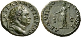 Titus, as Caesar, 69-79. As (Copper, 24 mm, 11.26 g, 5 h), Rome, 72. [T Caes] VESPAS IMP P TR P COS [II] Laureate head of Titus to right, with light b...