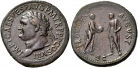Titus, 79-81. Sestertius (Orichalcum, 25 mm, 26.44 g, 7 h), Rome, 80/81. IMP T CAES VESP AVG P M TR P P P COS VIII Laureate head of Titus to left. Rev...