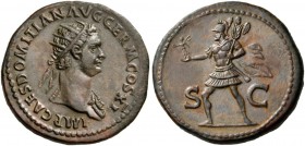 Domitian, 81-96. (29 mm, 13.28 g, 6 h), Rome, 85. IMP CAES DOMITIAN AVG GERM COS XI Radiate bust of Domitian to right, aegis on his shoulder. Rev. S -...