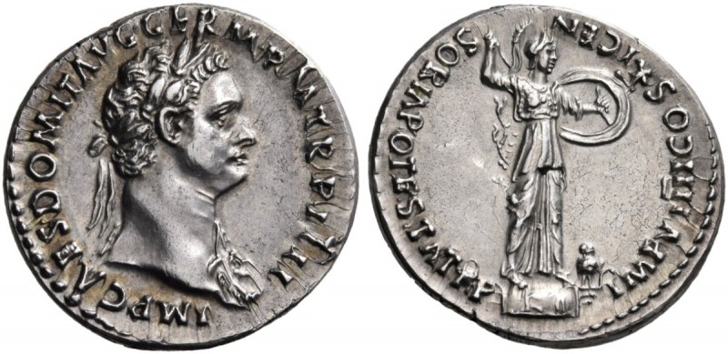 Domitian, 81-96. Denarius (Silver, 20 mm, 3.26 g, 7 h), Rome, 85. IMP CAES DOMIT...