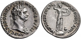Domitian, 81-96. Denarius (Silver, 20 mm, 3.26 g, 7 h), Rome, 85. IMP CAES DOMIT AVG GERM P M TR P IIII Laureate head of Domitian to right, wearing ae...