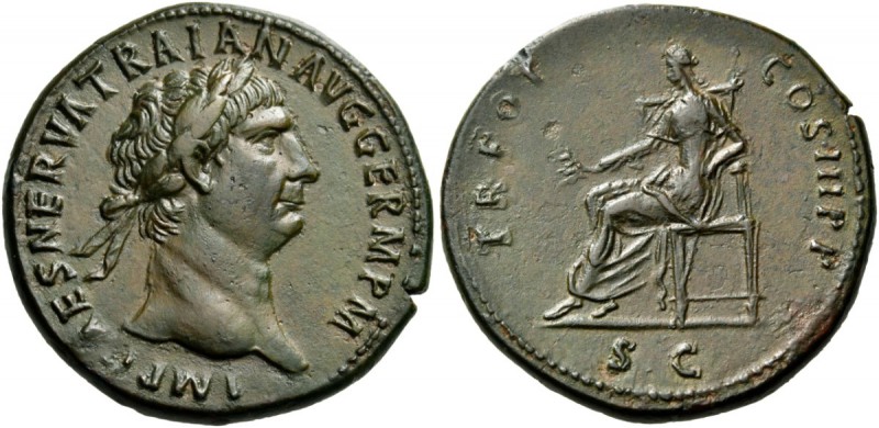 Trajan, 98-117. Sestertius (Orichalcum, 34 mm, 22.69 g, 6 h), Rome, 100. IMP CAE...