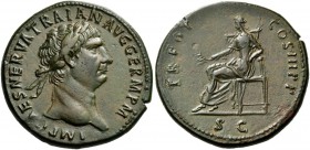 Trajan, 98-117. Sestertius (Orichalcum, 34 mm, 22.69 g, 6 h), Rome, 100. IMP CAES NERVA TRAIAN AVG GERM P M Laureate head of Trajan to right. Rev. TR ...