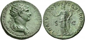 Trajan, 98-117. (26 mm, 11.82 g, 6 h), Rome, 115-116. IMP CAES NER TRAIANO OPTIMO AVG GER DAC P M TR P COS VI P P Radiate and draped bust of Trajan to...