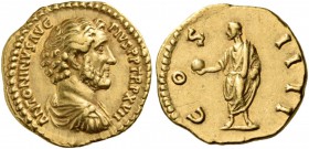 Antoninus Pius, 138-161. Aureus (Gold, 20 mm, 7.20 g, 7 h), Rome, 153-154. ANTONINVS AVG PIVS P P TR P XVII Bareheaded, draped, and cuirassed bust of ...