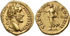 Antoninus Pius, 138-161. Aureus (Gold, 17 mm, 7.24 g, 6 h), Rome mint, 156-157. ANTONINVS AVG PIVS P P IMP II Laureate head of Antoninus Pius to right...