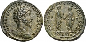 Marcus Aurelius, 161-180. Sestertius (Orichalcum, 33 mm, 26.63 g, 11 h), Rome, 161. IMP CAES M AVREL ANTONINVS AVG P M Bare-headed and cuirassed bust ...