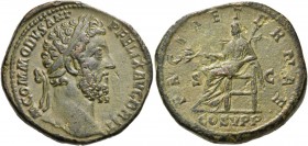 Commodus, as Caesar, 166-177. Sestertius (Orichalcum, 32 mm, 25.88 g, 12 h), Rome, 186-189. M COMMODVS ANT P FELIX AVG BRIT Laureate and bearded head ...