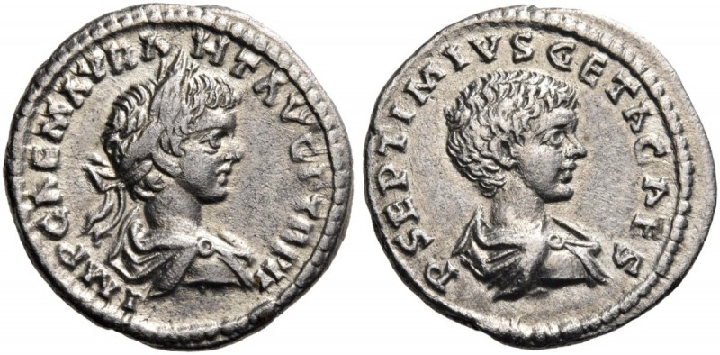 Caracalla, with Geta as Caesar, 198-217. Denarius (Silver, 19 mm, 2.96 g, 4 h), ...