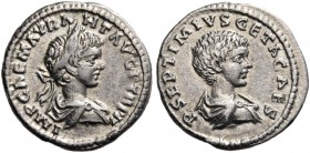 Caracalla, with Geta as Caesar, 198-217. Denarius (Silver, 19 mm, 2.96 g, 4 h), Laodicea ad Mare, c. 199. IMP CAE M AVR ANT AVG P TR P II Laureate and...