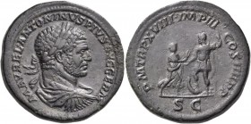 Caracalla, 198-217. Sestertius (Orichalcum, 32 mm, 28.98 g, 1 h), Rome, 215. M AVREL ANTONINVS PIVS AVG GERM Laureate, draped and cuirassed bust of Ca...