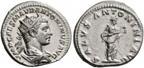 Elagabalus, 218-222. Antoninianus (Silver, 20 mm, 6.36 g, 1 h), Rome, 219. IMP CAES M AVR ANTONINVS AVG Radiate, draped and cuirassed bust of Elagabal...