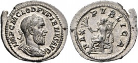 Pupienus, 238. Denarius (Silver, 22 mm, 2.72 g, 12 h), Rome, 238. IMP C M CLOD PVPIENVS AVG Laureate, draped and cuirassed bust of Pupienus to right. ...