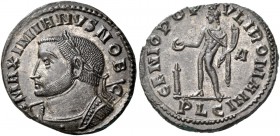 as Caesar, 293-305. Follis (Bronze, 28 mm, 9.84 g, 6 h), Lugdunum, 301-303. MAXIMIANVS NOB C Laureate and cuirassed bust of Galerius to left, holding ...