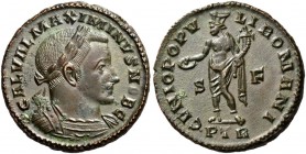 Maximinus II, as Caesar, 305-309. Follis (Bronze, 20 mm, 10.52 g, 12 h), Treveri, 305-307. GAL VAL MAXIMINVS NOB C Laureate and cuirassed bust of Maxi...