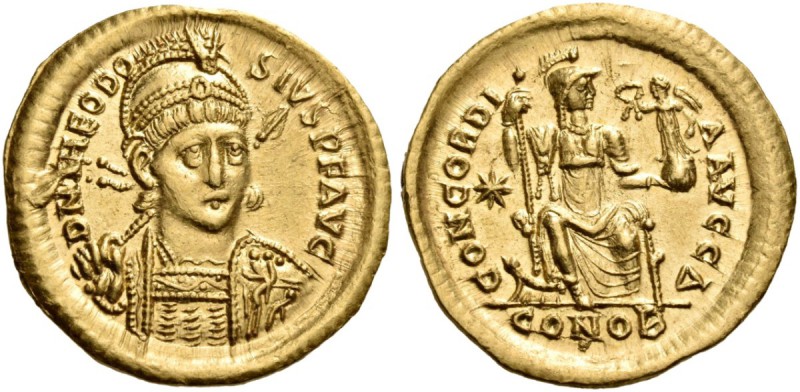 Theodosius II, 402-450. Solidus (Gold, 21 mm, 4.47 g, 7 h), Constan­ tinople, 4t...