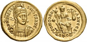 Theodosius II, 402-450. Solidus (Gold, 21 mm, 4.47 g, 7 h), Constan­ tinople, 4th officina, c. 408-420. D N THEODO - SIVS P F AVG Helmeted, diademed a...