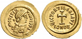 Tiberius II Constantine, 578-582. Tremissis (Gold, 17 mm, 1.51 g, 6 h), Ravenna. Dm COSTAN–TINVS PP A Pearl-diademed, draped, and cuirassed bust of Ti...