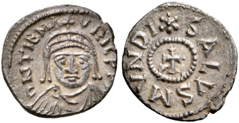Maurice Tiberius, 582-602. Half-siliqua (Silver, 14 mm, 0.84 g, 5 h), Carthage, ...