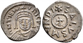 Maurice Tiberius, 582-602. Half-siliqua (Silver, 14 mm, 0.84 g, 5 h), Carthage, 582-583/4. D N TIb MAVRIC PP Facing bust of Maurice, wearing helmet wi...