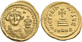 Heraclius, with Heraclius Constantine, 610-641. Solidus (Gold, 20 mm, 4.48 g, 8 h), Constantinople, 616-625. dd NN hERACLIUS ET hERA CONST P AVC Crown...
