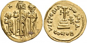 Heraclius, with Heraclius Constantine and Heraclonas, 610-641. Solidus (Gold, 20 mm, 4.48 g, 6 h), Constantinople, 632-635. From left to right, Heracl...