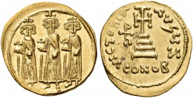 Heraclius, with Heraclius Constantine and Heraclonas, 610-641. Solidus (Gold, 20 mm, 4.52 g, 7 h), Constantinople, 639-641. From left to right, Heracl...