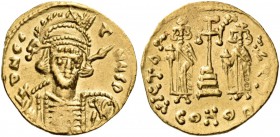 Constantine IV Pogonatus, with Heraclius and Tiberius, 668-685. Solidus (Gold, 20 mm, 4.26 g, 6 h), Class III, Constantinople, 6th officina, 674-681. ...