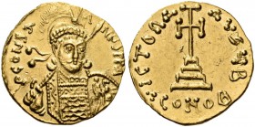 Constantine IV Pogonatus, 668-685. Solidus (Gold, 18 mm, 4.36 g, 6 h), Constantinople, 2nd officina, 681-685. P CONSTANUS P P A helmeted, diademed and...
