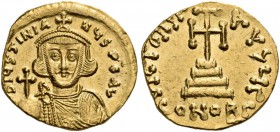Justinian II, first reign, 685-695. Solidus (Gold, 20 mm, 4.34 g, 6 h), Class II, Constantinople, 3rd officina, 687-692. D IUSTINIA-NUS PE AV Crowned ...