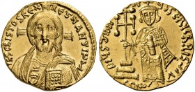 Justinian II, First reign, 685-695. Solidus (Gold, 20 mm, 4.34 g, 7 h), Constantinople 4th officina, 692-695. IhS CRIStOS REX REGNANTIЧM Draped bust o...