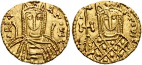 Irene, 797-802. Solidus (Gold, 20 mm, 3.88 g, 12 h), Syracuse, c. 797/8. IREN AΓOVST Bust of Irene facing, wearing chlamys and crown with pendilia and...