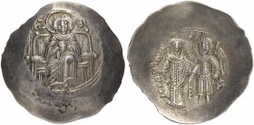 Isaac II Angelus, first reign, 1185-1195. Aspron Trachy (Electrum, 29 mm, 3.54 g, 6 h), Constantinople. The Virgin orans enthroned facing; on her brea...